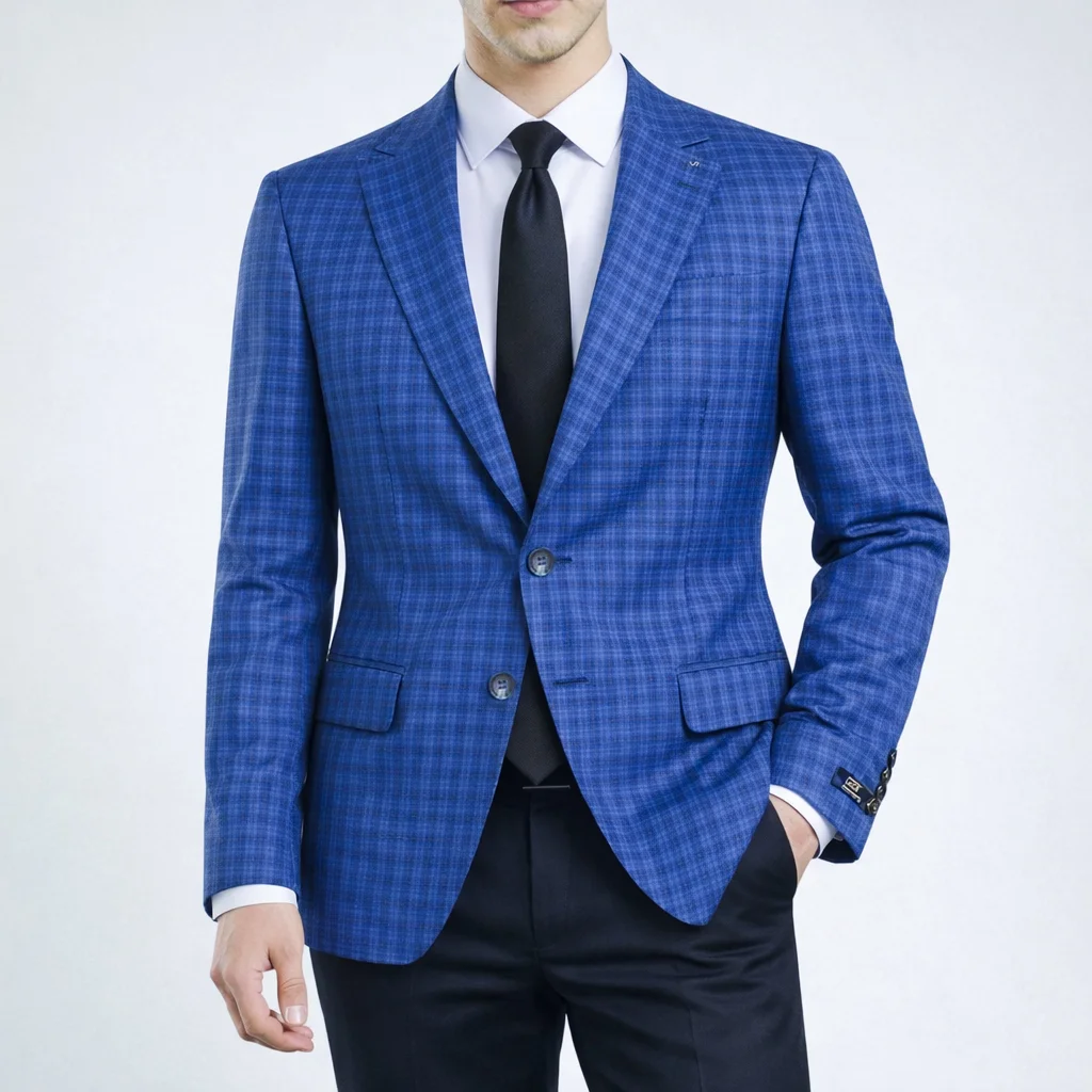 کت تک دو دکمه مردانه چهارخونه آبی