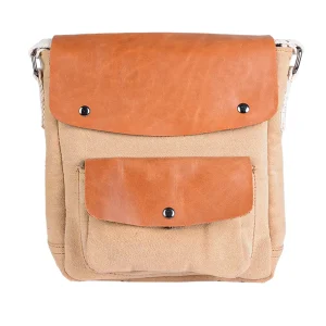 نمای رو به رو کیف چرم و کتان زنانه ۰۰۵ رنگ کرم