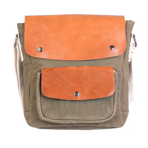 نمای رو به رو کیف دوشی زنانه کتان و چرم ۰۰۵ رنگ سبز