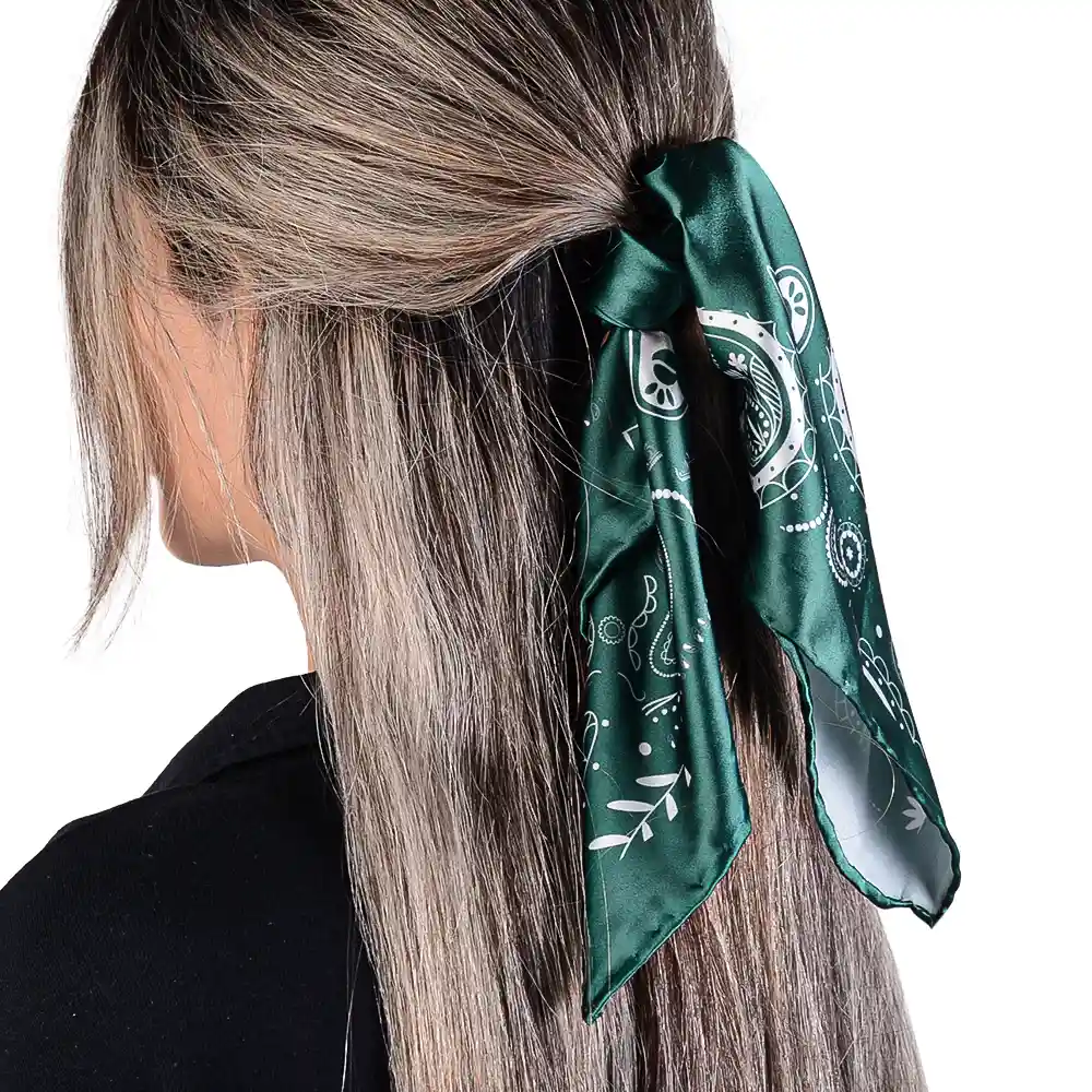 bandana0029 مینی اسکارف سبز و سفید ساتن ابریشم مناسب برای استایل کردن مو