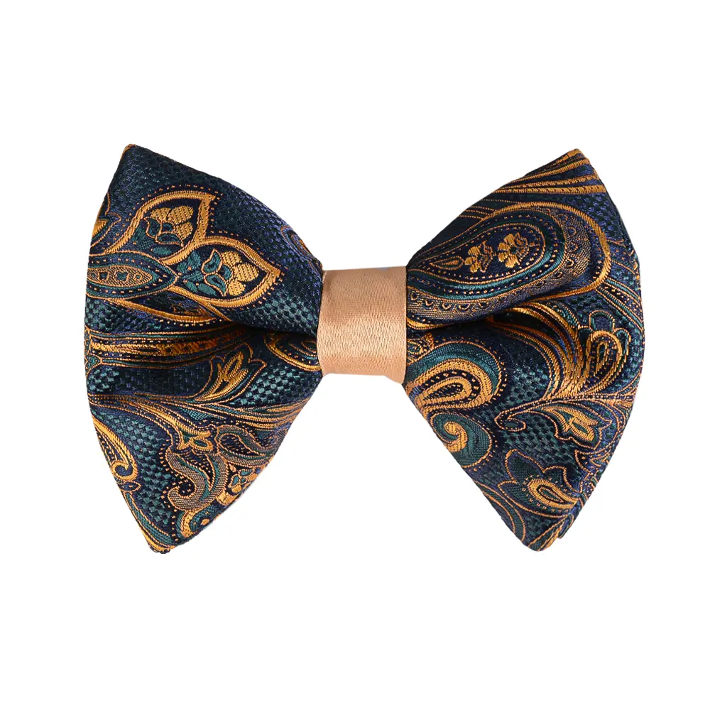 bow-tie-bt04-1 نمای بالا از پاپیون سبز و طلایی طرح بته جقه bt04