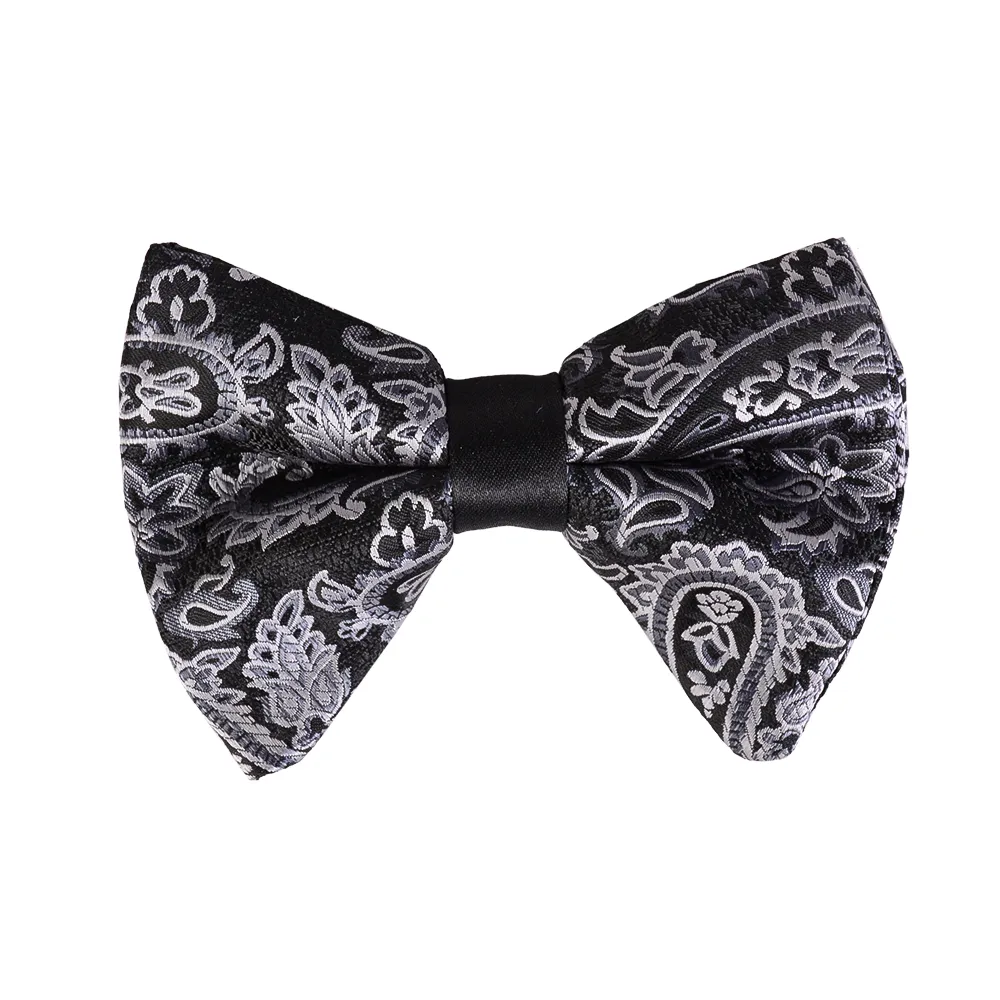 bow-tie-bt15-1 نمای بالا از پاپیون مشکی نقره ای طرح ترمه bt15